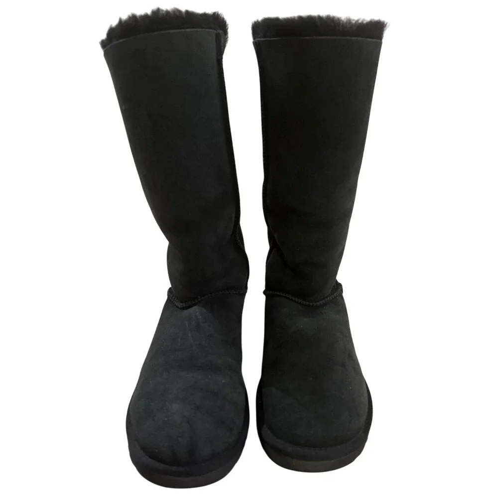 UGG Bailey Bow Tall II Black Suede Sheepskin Boots 1016434 Womens 9